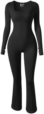 OQQ Women Yoga Jumpsuits Ribbed Exercise Long Sleeve Tops Bell Bottoms Flare Jumpsuits