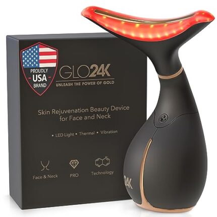 GLO24K Red Light Beauty Device for Face and Neck. Based on Triple Action L E D, Thermal, and Vibration Technologies.