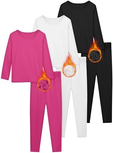 Resinta 3 Girls Thermal Underwear Set Soft Winter Thermal Top and Bottom with Fleece Lined Base Layer Long Johns for Kids