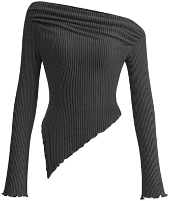 PRETTYGARDEN Women's Long Sleeve Y2K Crop Top Trendy Off Shoulder Asymmetrical Fitted Knit Tee Shirts Going Out Tops