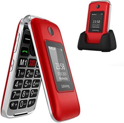 USHINING 4G Unlocked Flip Phone for Seniors with Speed Talk SIM Card Big Button Clear Sound Senior Cell Phone with Charging Dock (Red)