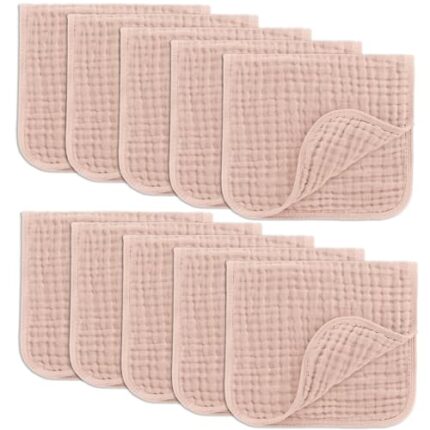 Comfy Cubs Muslin Burp Cloths Set Large 100% Cotton Hand Washcloths for Babies, Baby Essentials 6 Layers Extra Absorbent and Soft Boys & Girls Baby Bibs & Burp Cloths Set (Blush, 10-Pack, 20" X10")