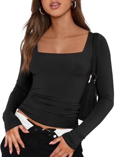 Trendy Queen Womens Long Sleeve Shirts Going Out Basic Crop Tops Fashion Y2k Workout Clothes Square Neck Fall Outfits