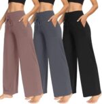 TNNZEET 3 Pack Women's Wide Leg Pants with Pockets - Casual Loose Yoga Trouser Pants Sweatpants Palazzo Lounge Pajama Pants