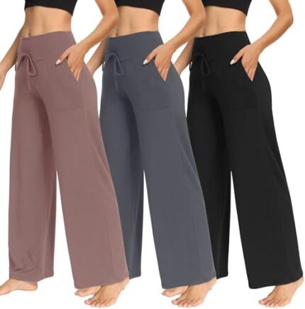 TNNZEET 3 Pack Women's Wide Leg Pants with Pockets - Casual Loose Yoga Trouser Pants Sweatpants Palazzo Lounge Pajama Pants