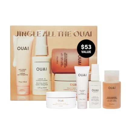 OUAI Jingle All The OUAI Travel Size Gift Set - Travel Size Hair & Body Care Set - Includes Detox Shampoo, Deluxe Anti Frizz Cream, Leave In Conditioner, Scalp & Body Scrub (4 Count)