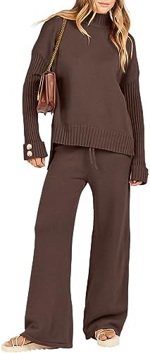 ANRABESS Women's 2 Piece Outfit Sweater Lounge Sets Long Sleeve Knit Pullover Wide Leg Pant Tracksuit Loungewear 2024 Fashion