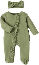 Newborn Infant Girl Footies Romper Solid Color Frills Baby Jumpsuit Zip Up Onesie Clothes Headband 0-12M