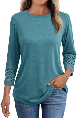 AUTOMET 3/4 Length Sleeve Womens Tops Crewneck Lace Tunic Business Casual Dressy Blouses Spring Trendy Clothes 2025