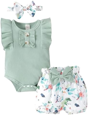 Newborn Baby Girl Clothes Outfits Ruffle Romper and Short Pant Sets with Headband Infant Bodysuits