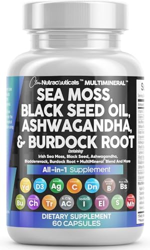 Clean Nutraceuticals Sea Moss Black Seed Oil Ashwagandha Turmeric Bladderwrack Burdock & Vitamin C Vitamin D3 with Elderberry Manuka Dandelion Yellow Dock Iodine Chlorophyll ACV