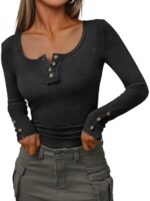 Kissfix Womens Long Sleeve Shirts Going Out Fall Clothes Casual Henley Tops Ribbed Knit Blouses Fashion Trendy Outfits