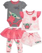 STAR WARS The Mandalorian Baby Girls' Clothing 4-Piece Set, Baby Yoda Baby Clothes with Bodysuit, Tee, Shorts, and Pants