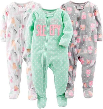 Simple Joys by Carter's Toddlers and Baby Girls' Loose-Fit Flame Resistant Fleece Footed Pajamas, Pack of 3