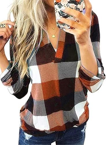 Dokotoo Womens Basic Casual V Neck Plaid Print Cotton Cuffed Long Sleeve Work Tops Blouses Shirts S-3XL