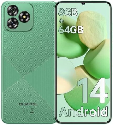 OUKITEL C53 Cell Phone Unlocked, 6.6" HD+ Waterdrop Screen Android 14 Phone, 4300mAh Smartphone, 8GB+64GB/1TB Octa Core, 13MP Main Camera, 4G Dual SIM, Face ID/GPS/3.5mm Jack, T-Mobile - Green