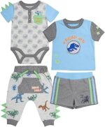 Jurassic Baby Boys 4 Piece Clothing Set | One-Piece Bodysuit, Gel Overlay Shorts, Short Sleeve T-Shirt, Jogging Pants