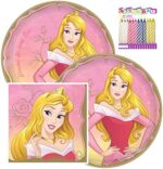 Disney Princess Aurora Party Supplies Pack Serves 16-9 Inch Plates and Luncheon Napkins with Birthday Candles - Sleeping Beauty - Bundle for 16