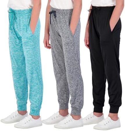 Real Essentials 3 Pack: Girls' Dry-Fit Jogger Sweatpants Soft Active Athletic Kids Joggers with Pockets & Drawstring