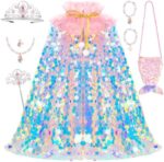 Meland Princess Dress Up for Girls 3-8, 11Pcs Mermaid Cape with Crown, Dress Up Clothes Birthday Gift Toys for Girls Toddlers