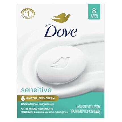 Dove Beauty Bar Soap Sensitive, 8 Bars for Sensitive Skin, Fragrance Free and Hypoallergenic 3.75 oz