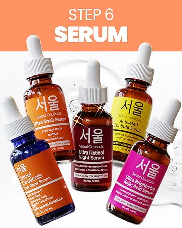 Step 6 Korean Beauty routine using Vit c serum, Kojic Acid serum, Snail Serum, Korean Retinol 