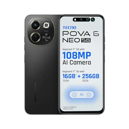 TECNO POVA 6 NEO 5G (Midnight Shadow, 6GB+128GB) | Advanced AI Features | 108MP Ultra Clear AI Camera | D6300 Powerful Processor | 5 Year Lag Free Fluency | 5000 mAh Battery | InBuilt Infrared and NFC