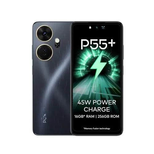 Itel P55+ 4G | Upto 16GB RAM with Memory Fusion & 256GB ROM| 50MP AI Dual Rear Camera & 8MP Front Camera| 45W Charger with 5000 mAh Battery | Dynamic Bar|UFS 2.2| Meteor Black